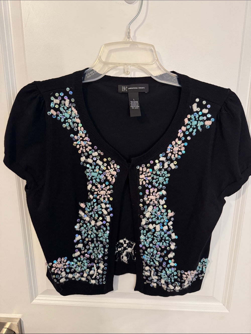 INC International Concepts Black Crop Top with Iridescent Bead Embellishment